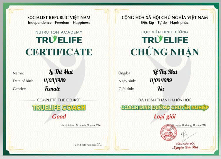 Chứng nhận: Coach Dinh dưỡng Chuyên nghiệp — Loại giỏi